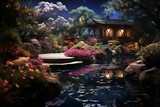 Tranquil moonlit gardens, blooming with exotic flowers and serenity under the moon's gentle gaze - Generative AI