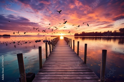  a dock with birds flying over the water and the sun setting in the distance with a pink and blue sky.