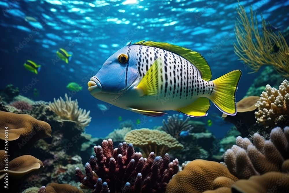 a blue and yellow fish swims over a coral reef in the blue water of a coral reef in the ocean. a blue and yellow fish swims over a coral reef in the blue water of a coral reef in the ocean.