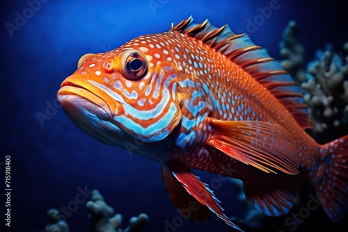  a close up of a fish on a blue background with corals in the foreground and water in the background.
