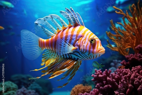  a close up of a fish on a body of water with corals and other marine life in the background.