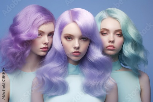 Three girls with blue hair, abstract background of soft transitions between lavender sky blue and mint green color