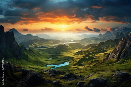  a painting of a mountain range with a lake in the foreground and a sunset in the background with clouds in the sky.