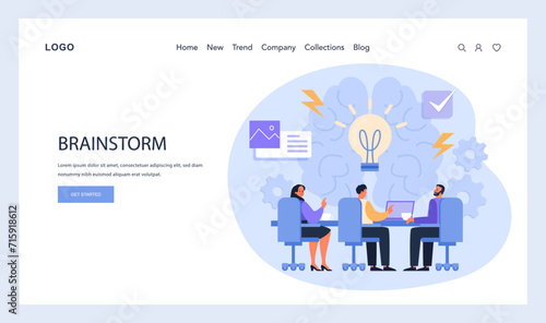 Brainstorm web or landing. A dynamic group discussion sparks innovation, with ideas and decisions taking shape amidst creative synergy. Flat vector illustration
