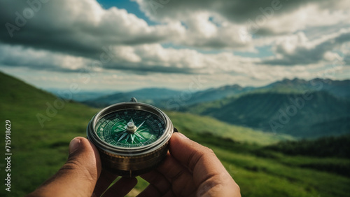 Compass in man's hand in front of summer mountain landscape with green hills and cloudscape , travel adventure and discovery consept 