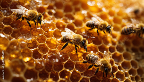 close up of honey bee on honeycomb © hassani
