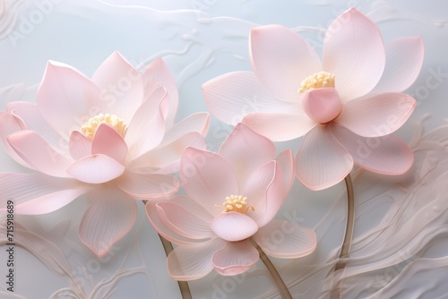  a close up of three pink flowers on a blue and white background with white swirls and a yellow center.