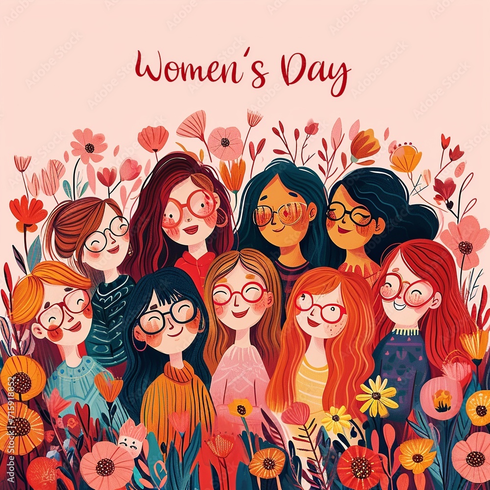 Women’s Day Celebration with Diverse Characters and Vibrant Floral Illustration Women’s Day Celebration with Diverse Characters and Vibrant Floral Illustration