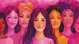 Artistic illustration of various women in watercolor style and colorful background - Women's Day
