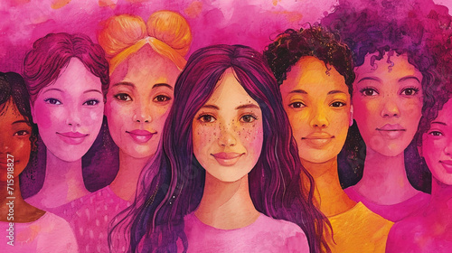 Artistic illustration of various women in watercolor style and colorful background - Women's Day

