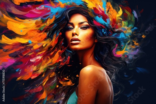  a painting of a woman s face with multicolored feathers on her head and her hair blowing in the wind.
