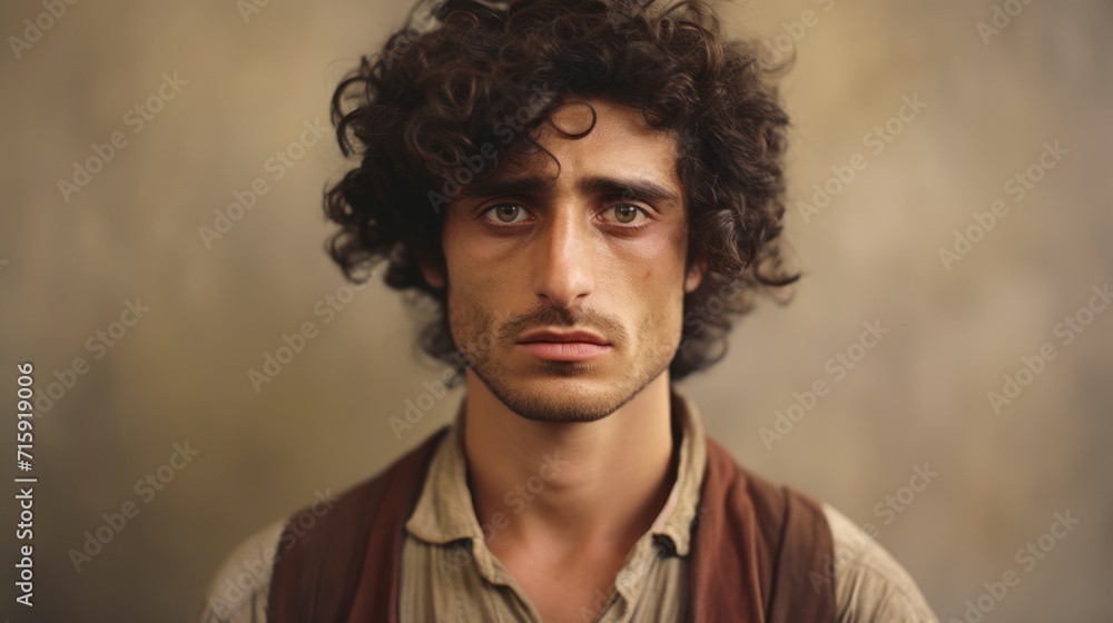 Photorealistic Adult Persian Man with Brown Curly Hair vintage Illustration. Portrait of a person in Great Depression era aesthetics. Historic movie style Ai Generated Horizontal Illustration.