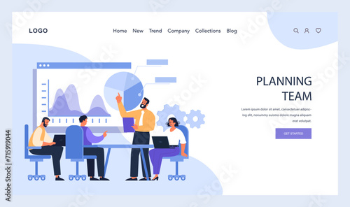 Collaborative planning team deep in discussion, analyzing data visuals while surrounded by digital graphs, gears, and a productive atmosphere. Elevating strategic insights. Flat vector