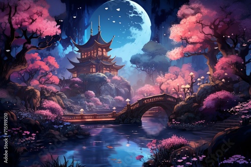 Tranquil moonlit gardens  blooming with exotic flowers and serenity under the moon s gentle gaze - Generative AI