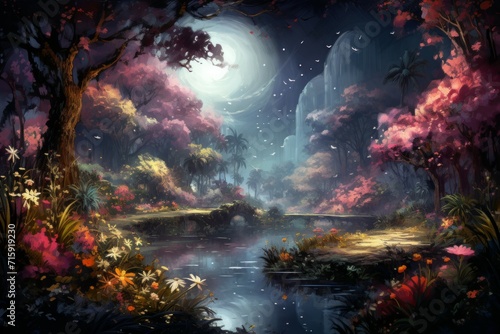 Tranquil moonlit gardens, blooming with exotic flowers and serenity under the moon's gentle gaze - Generative AI