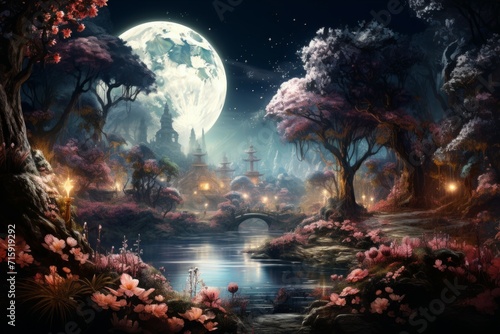 Tranquil moonlit gardens, blooming with exotic flowers and serenity under the moon's gentle gaze - Generative AI photo