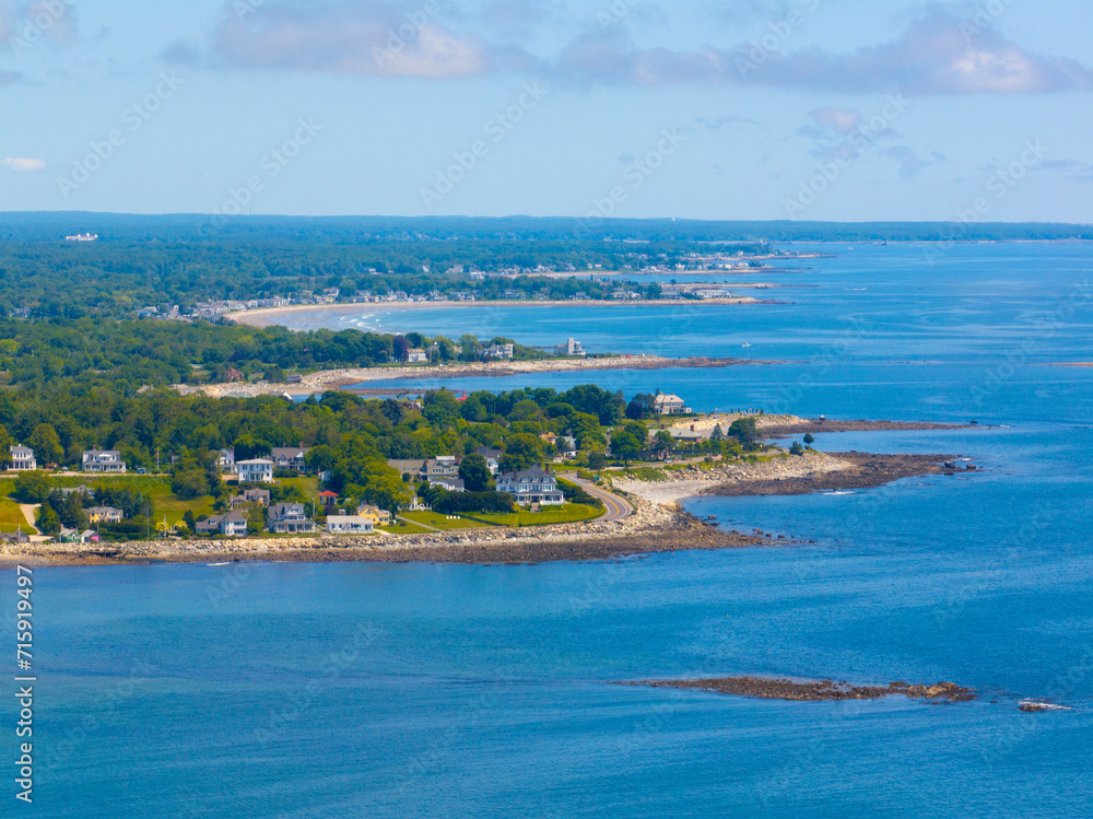 Historic waterfront houses aerial view at Fox Hill Point on Ocean Boulevard in North Hampton, New Hampshire NH, USA.