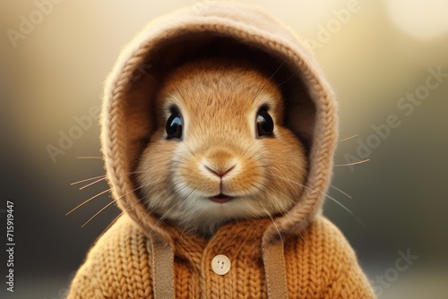 a close up of a person wearing a sweater with a small animal in the middle of it's hood.