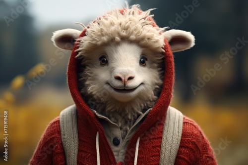  a close up of a stuffed animal wearing a red sweater with a hoodie over it's face and a field in the background.