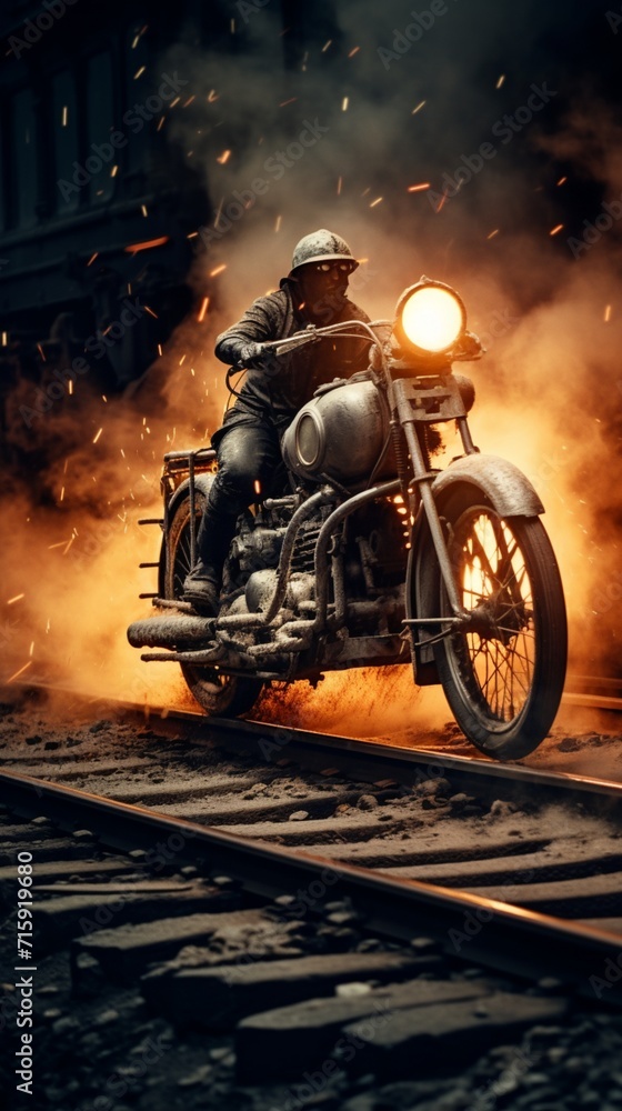 A motorbike with cream white flames, on a dark, old railway track with steam,