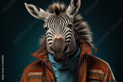  a close up of a zebra wearing a jacket with a hood on it s head and a zebra s head sticking out of it s back.