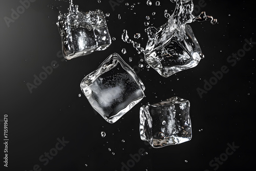 Ice cubes falling into water on black background