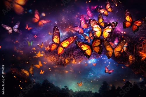  a bunch of butterflies flying in the air with a sky full of stars in the back ground and trees in the foreground.