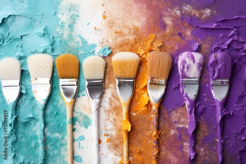  a row of paint brushes sitting next to each other on top of a purple  blue  and orange wall.