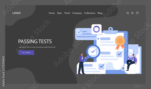 Passing Tests concept. Enthusiastic professionals highlight a completed checklist symbolizing successful employee onboarding and task accomplishment. Flat vector illustration.