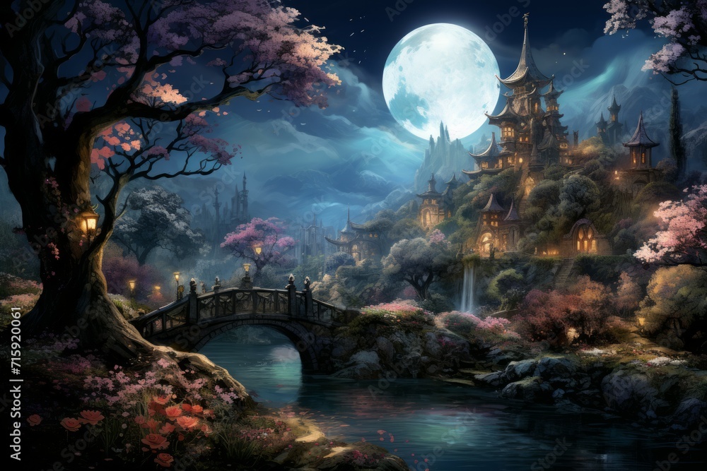 Fototapeta premium Tranquil moonlit gardens, blooming with exotic flowers and serenity under the moon's gentle gaze - Generative AI
