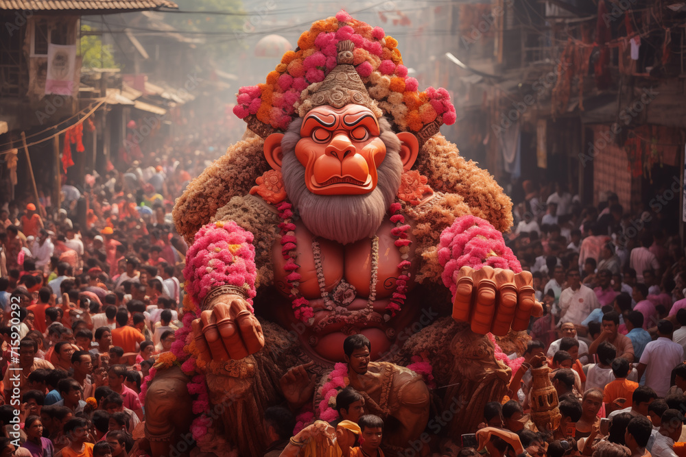 a giant image of Hanuman Jayanti in a mass procession of the crowd on the festival - obrazy, fototapety, plakaty 
