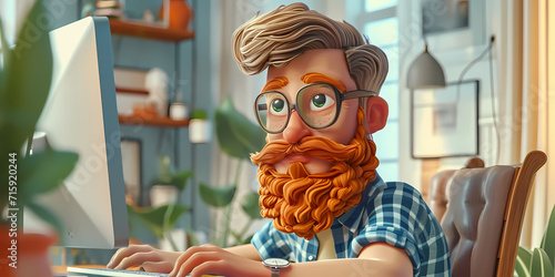 A quirky cartoon 3d man with a distinguished beard and glasses stands work remotly, exuding a sense of intelligence and individuality photo