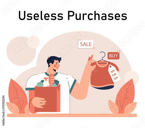 Impulsive buying. Shopaholic money problems. Consumer doing useless purchases without thoughtful consideration or planning. Spontaneous buying. Flat vector illustration