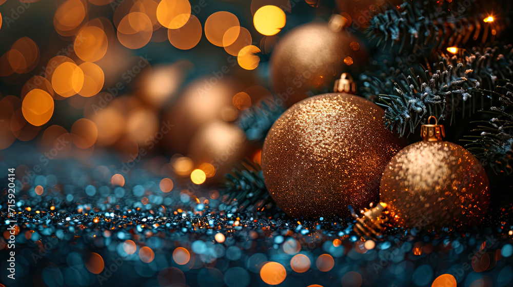 New Year's background with golden lights and sparkling toys on a Christmas tree New Year's background with golden lights and sparkling toys on a Christmas tree