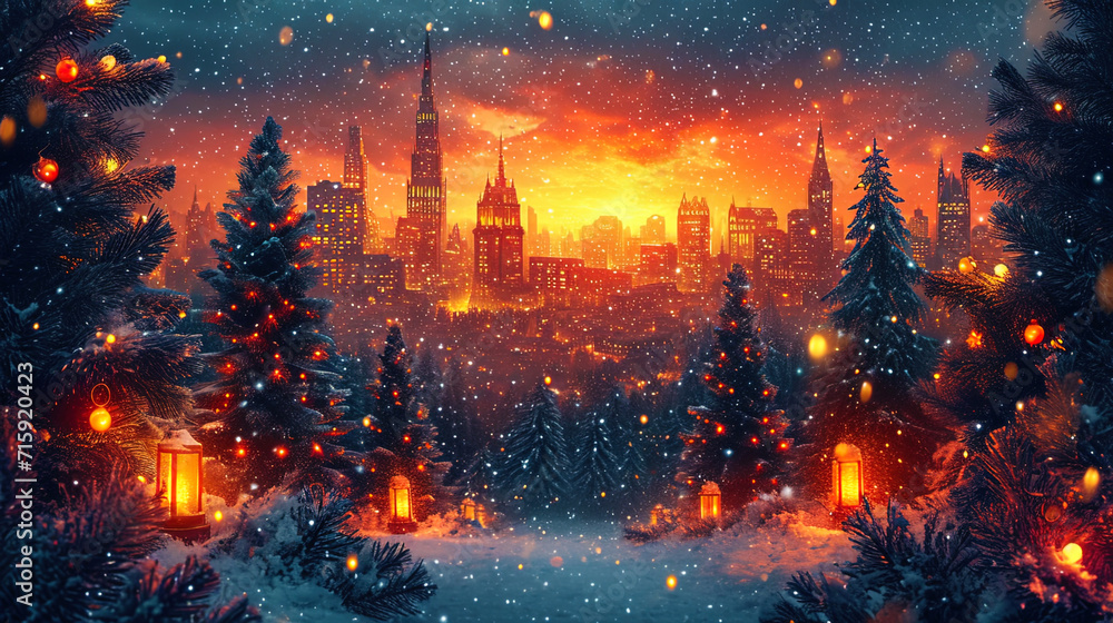 New Year's background with illuminated windows of houses and falling snowflakes New Year's background with illuminated windows of houses and falling snowflakes