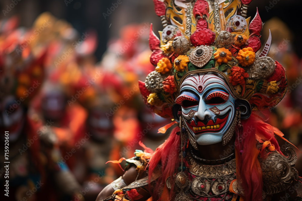 a mass celebration of the new year in Indonesia and a man dressed as Nyepi walks through the crowd