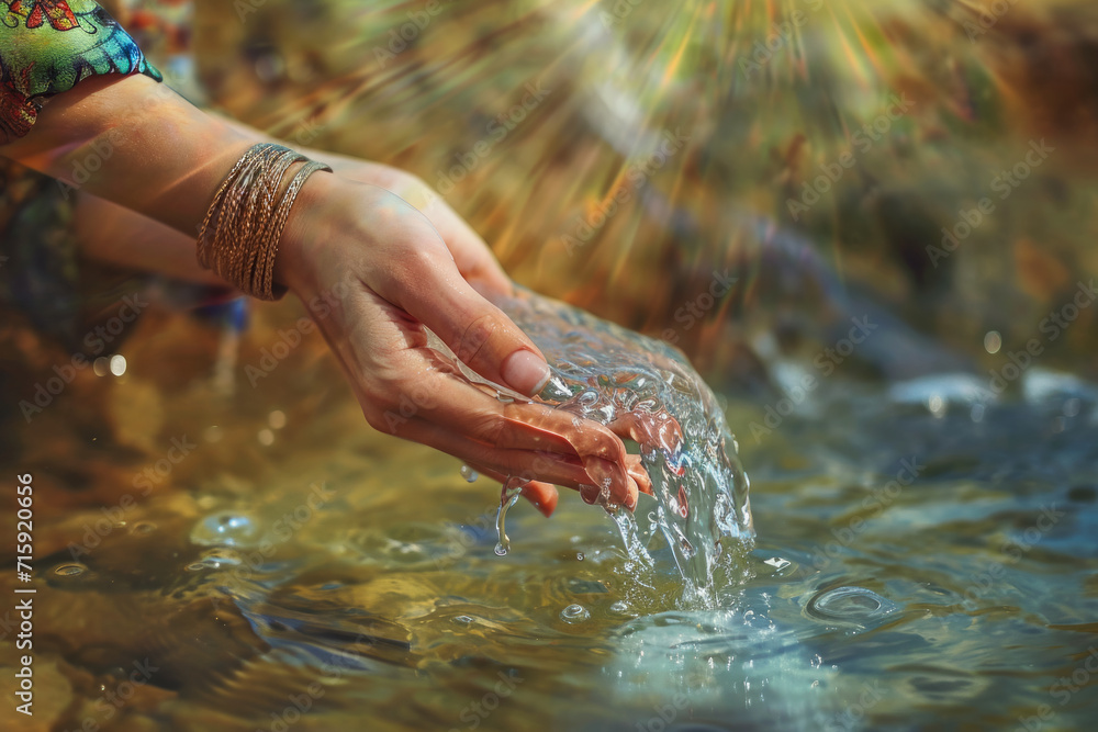 Women's hands collecting water in their palms in a clean spring, problems with clean drinking water, background for World Water Day and concern for the ecology of the planet