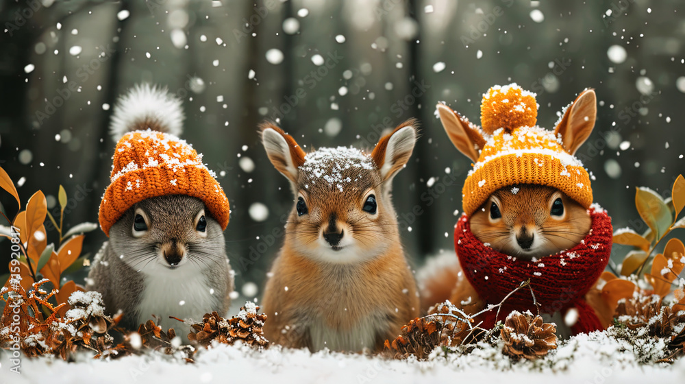 The background with cute New Year animals, such as deer and squirrels The background with cute New Year animals, such as deer and squirrels