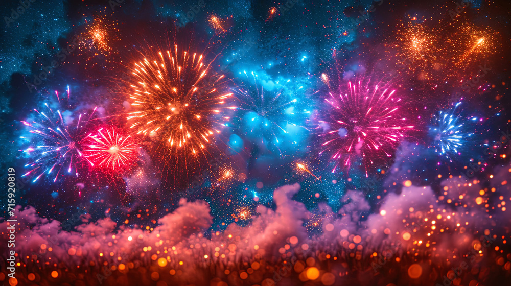 Fototapeta premium The background with magnificent fireworks and luminous traces in the night sky