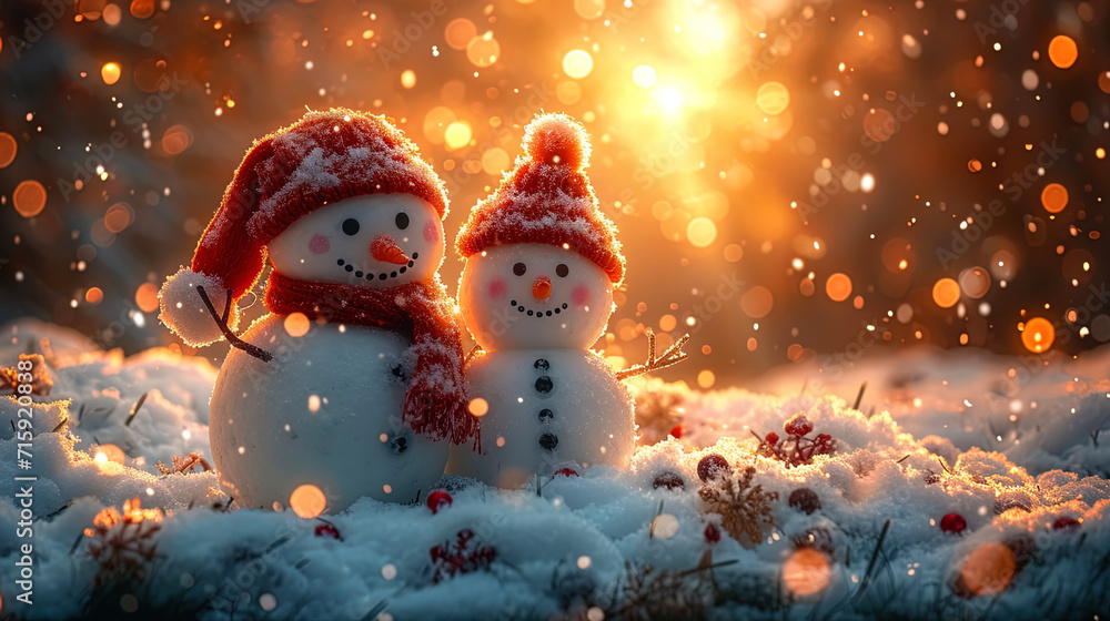 Obraz premium The background with funny snowmen playing against the backdrop of a bright winter sunset