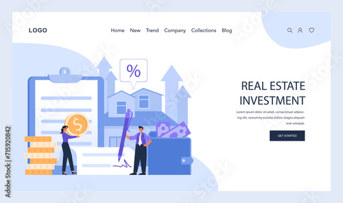 Real Estate Investment web or landing. Insightful guidance on property markets, potential gains, and financial benefits of real estate assets. Investment opportunities. Flat vector illustration.