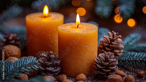 The background with shining candles and the aroma of fir branches, creating comfort in the house