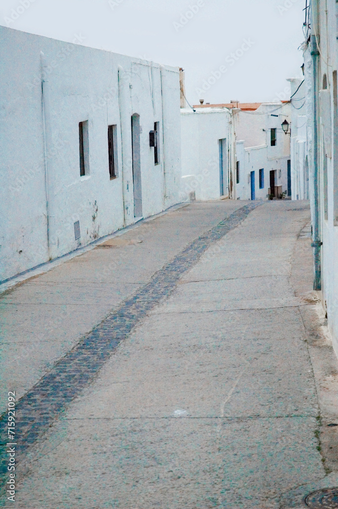 Obraz premium Lone street of an Andalusian town whitewashed with no inhabitants and no sign of life