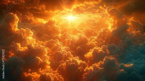 The heavenly background, where the golden rays of the sun penetrate the clouds, creating magical a