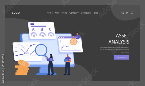 Asset Analysis dark or night mode web, landing. Detailed examination of financial instruments to optimize investment decisions. Monitoring market trends for fiscal growth. Flat vector illustration