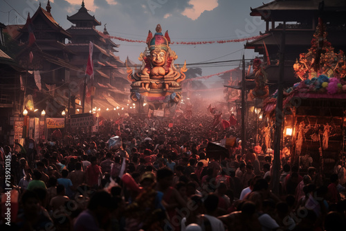 a mass celebration of Nyepi day in Indonesia and a large statue of the god