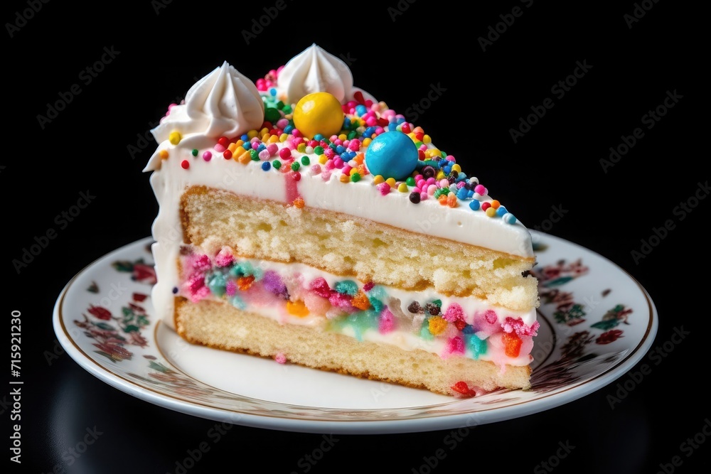 A slice of a delicious frosted birthday cake with a decorative design A slice of a delicious frosted birthday cake with a decorative design