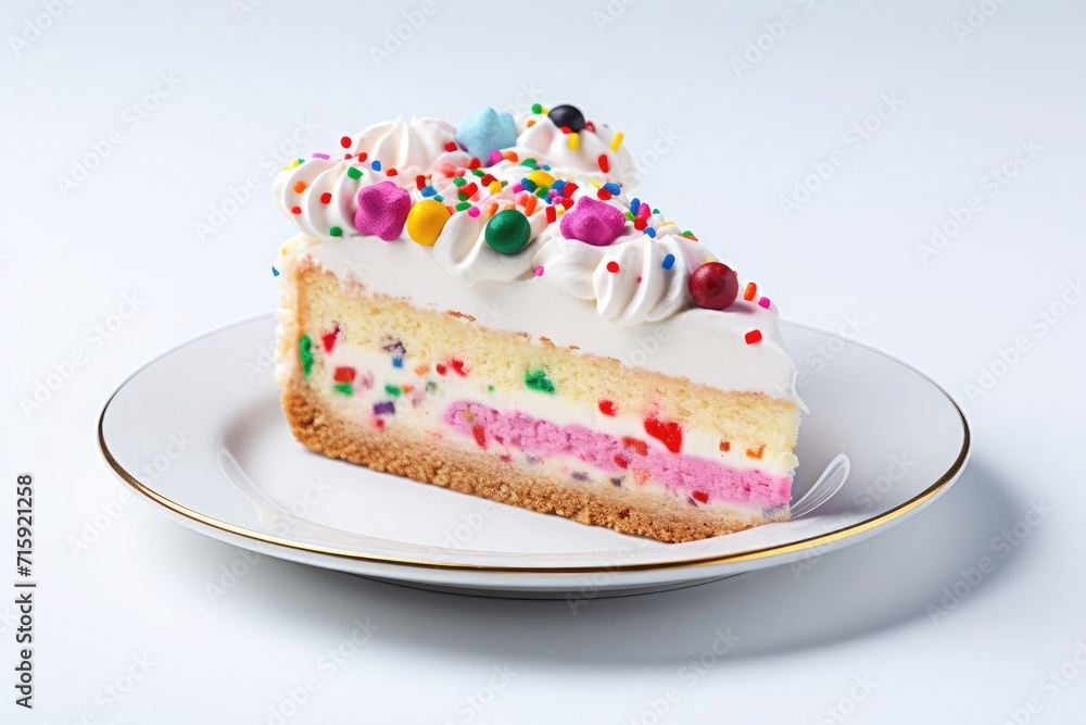 A piece of a frosted birthday cake with a decorative design and pastel colors A piece of a frosted birthday cake with a decorative design and pastel colors