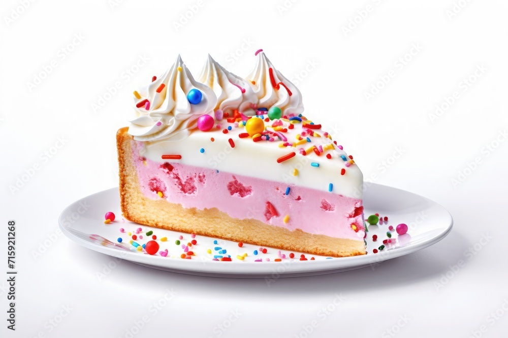A slice of a delicious, frosted birthday cake featuring a decorative design and pastel colors A slice of a delicious, frosted birthday cake featuring a decorative design and pastel colors