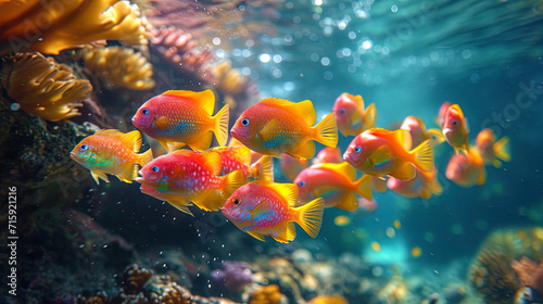The underwater world on the photophone, where groups of colored sea skates create picturesque unde